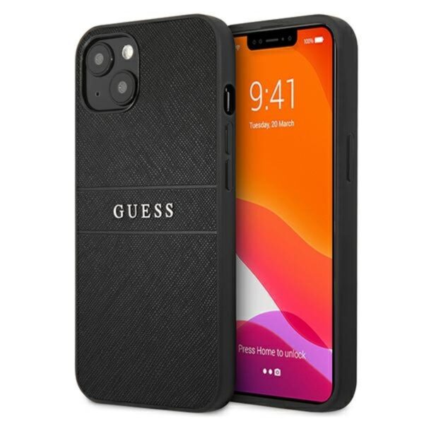 Guess Saffiano metalo logotipo juostelės – iPhone 13 mini dėklas (juodas)