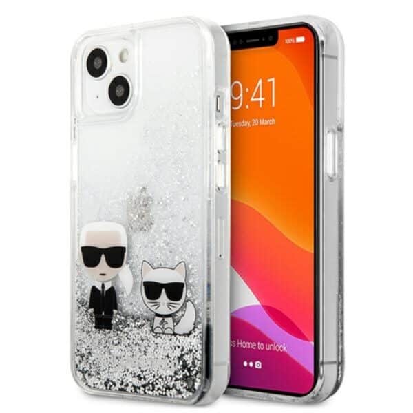 Karl Lagerfeld Liquid Glitter Karl & Choupette – dėklas, skirtas iPhone 13 (sidabras)