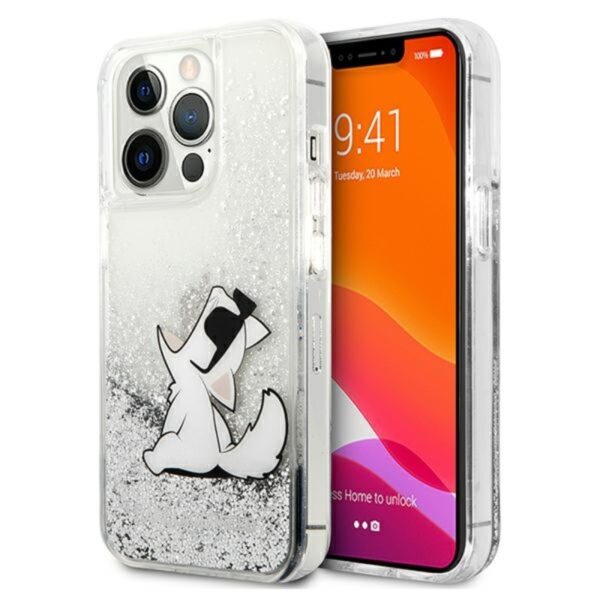 Karl Lagerfeld Liquid Glitter Choupette Fun – iPhone 13 Pro Max dėklas (sidabras)