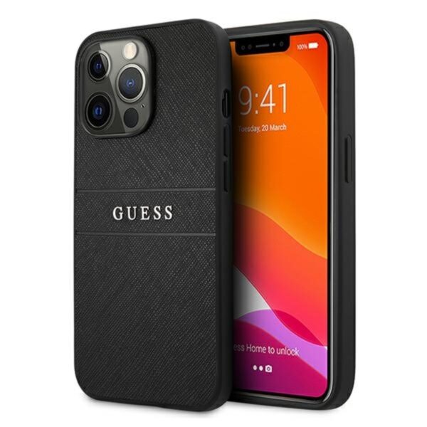 Guess Saffiano metalo logotipo juostelės – dėklas, skirtas iPhone 13 Pro (juodas)