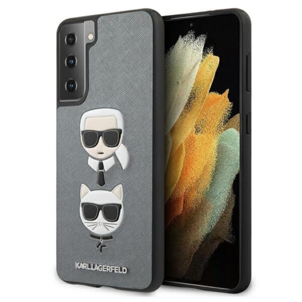 Karl Lagerfeld Saffiano Karl & Choupette Heads – dėklas, skirtas Samsung Galaxy S21 (sidabras)