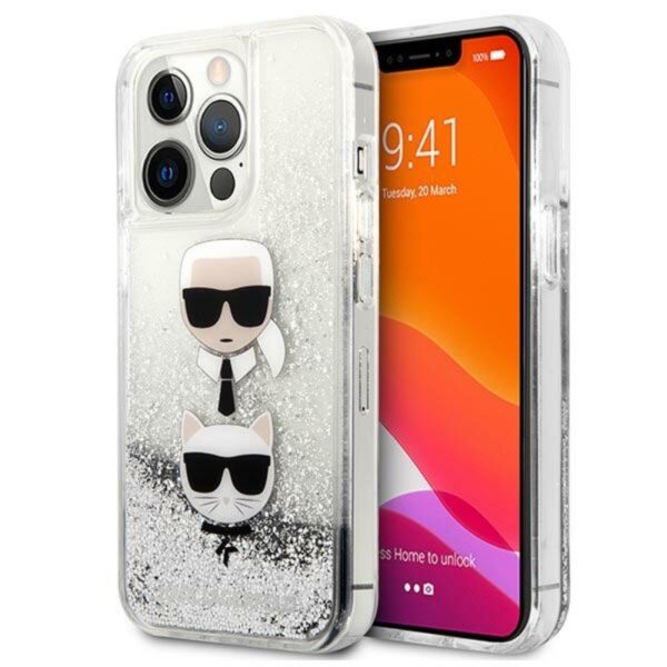 Karl Lagerfeld skysti blizgučiai Karl & Choupette Head – dėklas, skirtas iPhone 13 Pro (sidabras)