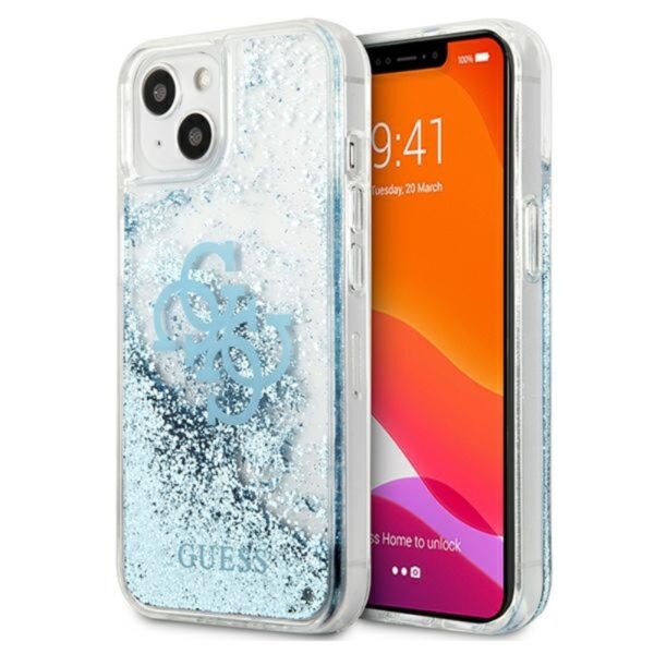 Guess Liquid Glitter 4G didelis logotipas – dėklas, skirtas iPhone 13 (mėlynas)
