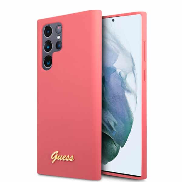 Guess Silicone Script metalinis logotipas – Samsung Galaxy S22 Ultra (Fuksijos spalvos) dėklas