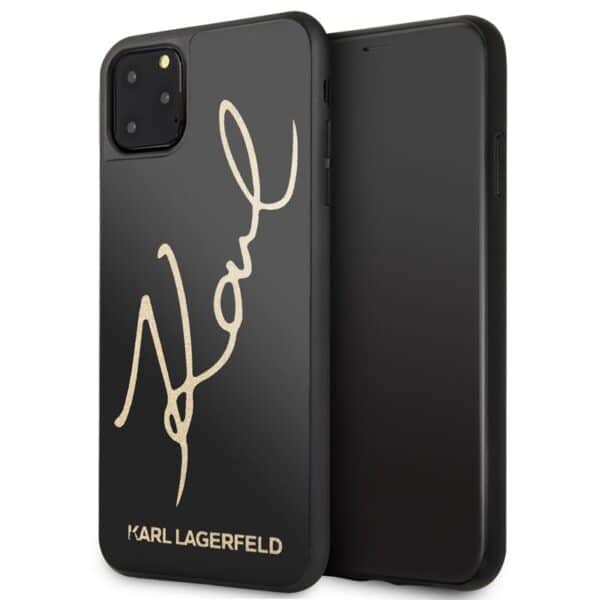 Karl Lagerfeld dvigubo sluoksnio grūdinto stiklo firminis blizgus dėklas, skirtas iPhone 11 Pro Max (juodas)