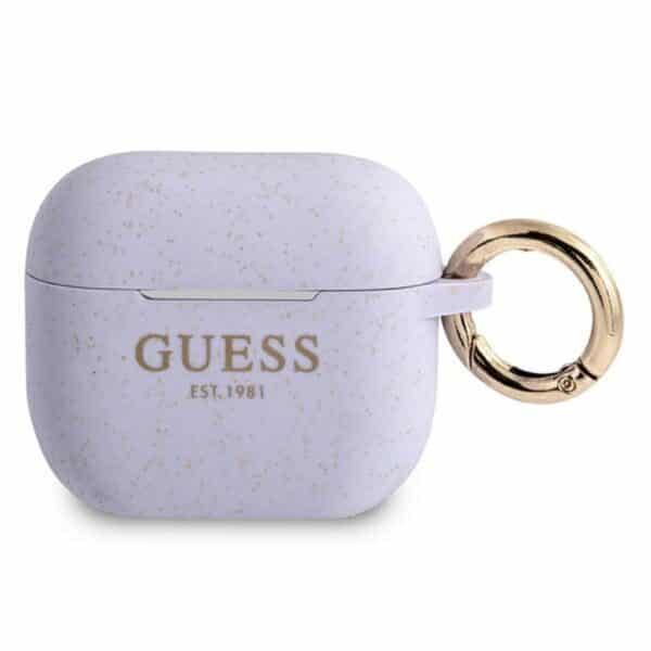 Guess Silicone Glitter Case Est – dėklas, skirtas Airpods 3 (violetinė)