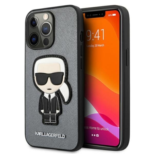 Karl Lagerfeld Saffiano Ikonik Patch – dėklas, skirtas iPhone 13 Pro (sidabras)