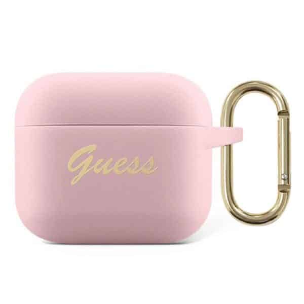 Guess Silicone Vintage Script – dėklas, skirtas Airpods 3 (rožinis)