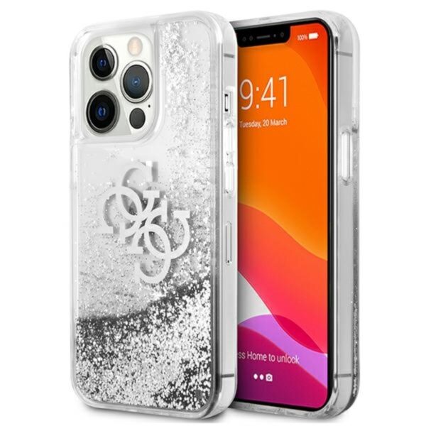 Guess Liquid Glitter 4G didelis logotipas – dėklas, skirtas iPhone 13 Pro (sidabras)