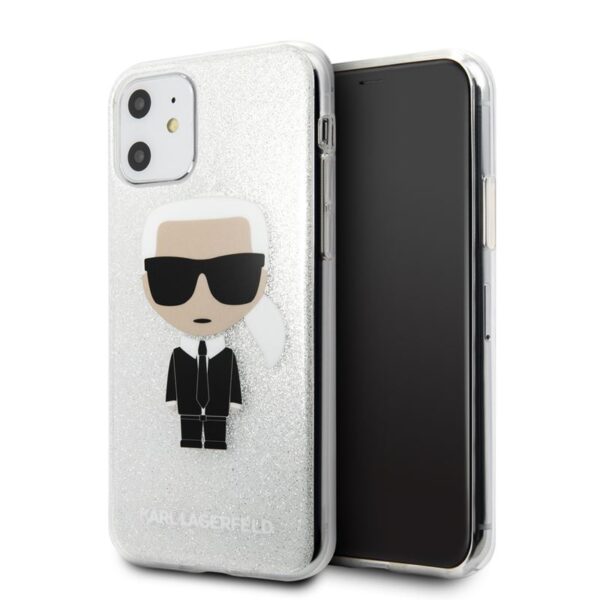 Karl Lagerfeld Ikoninis Karl dėklas, skirtas iPhone 11 (sidabro blizgučiai)
