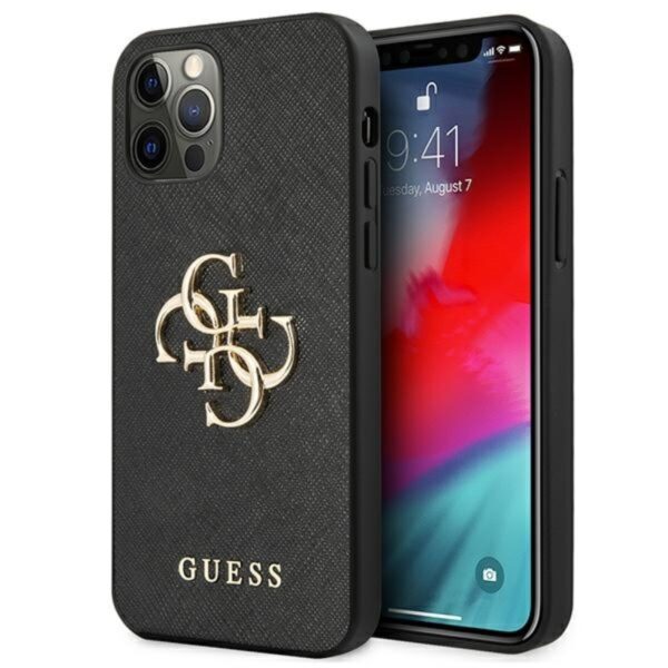 Guess Saffiano 4G didelis metalinis logotipas – dėklas, skirtas iPhone 12 Pro Max (juodas)