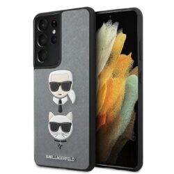 Karl Lagerfeld Saffiano Karl & Choupette Heads – dėklas, skirtas Samsung Galaxy S21 Ultra (sidabrinis)