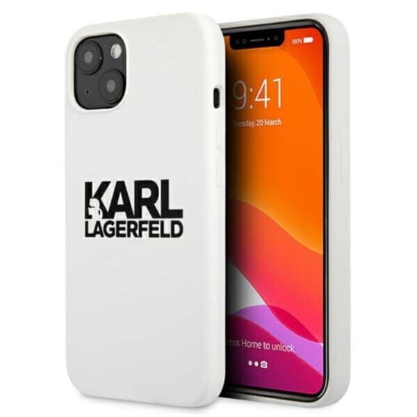 Karl Lagerfeld Silicone Stack logotipas – iPhone 13 mini dėklas (baltas)
