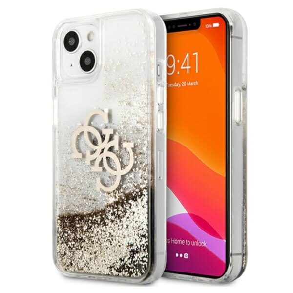 Guess Liquid Glitter 4G didelis logotipas – dėklas, skirtas iPhone 13 (auksinis)