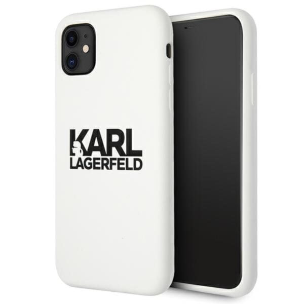 Karl Lagerfeld Silicone Stack logotipas – iPhone 11 dėklas (baltas)