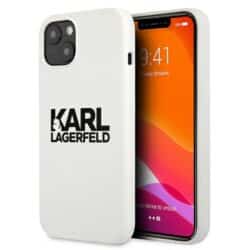 Karl Lagerfeld Silicone Stack logotipas – iPhone 13 dėklas (baltas)