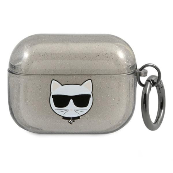 Karl Lagerfeld Choupette Head Glitter – dėklas, skirtas Airpods Pro (juodas)