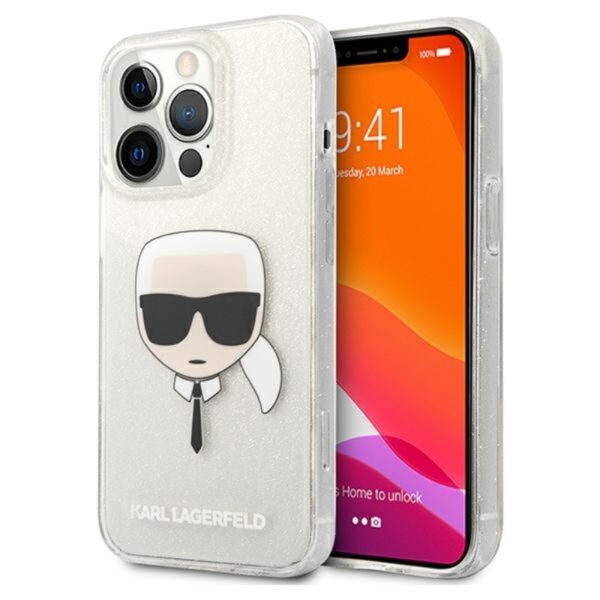 Karl Lagerfeld Karl's Head Glitter – dėklas, skirtas iPhone 13 Pro Max (sidabras)