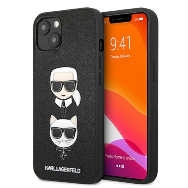 Karl Lagerfeld Saffiano Karl & Choupette reljefinės galvutės – dėklas, skirtas iPhone 13 (juodas)