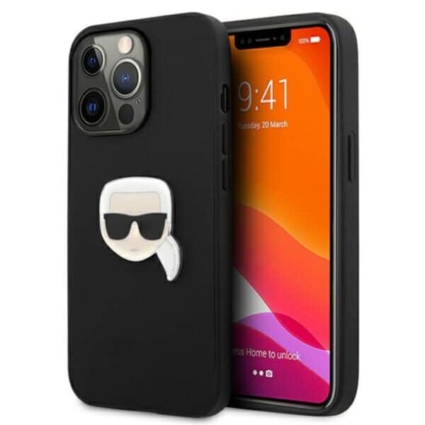 Karl Lagerfeld PU oda, metalinė Karl's Head – dėklas, skirtas iPhone 13 Pro Max (juodas)