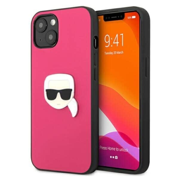 Karl Lagerfeld PU oda, metalinė Karl's Head – dėklas, skirtas iPhone 13 mini (rožinis)