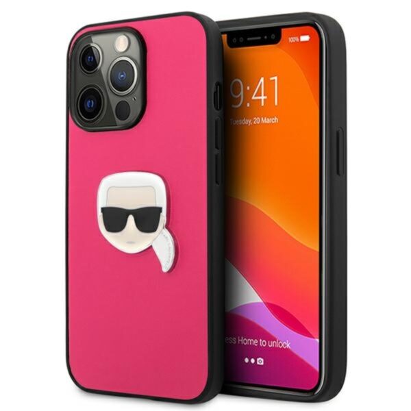 Karl Lagerfeld PU oda, metalinė Karl's Head – dėklas, skirtas iPhone 13 Pro (rožinis)