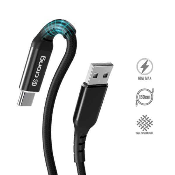 Crong Armor Link – USB-C į USB-A 60 W pintas laidas 150 cm (juodas)