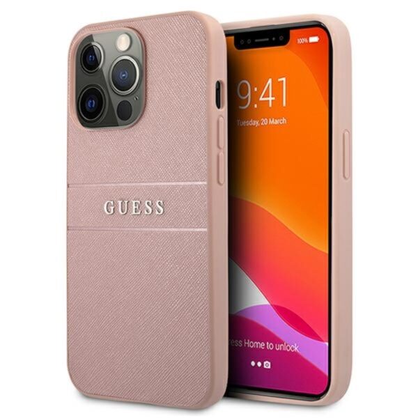 Guess Saffiano Mteal Logo Stripes – dėklas, skirtas iPhone 13 Pro (rožinis)