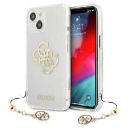 Guess 4G Big Logo Charm Gold dėklas, skirtas iPhone 13 (auksiniai pakabukai)