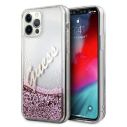 Guess Glitter Vintage Script – dėklas, skirtas iPhone 12 / iPhone 12 Pro (rožinis)