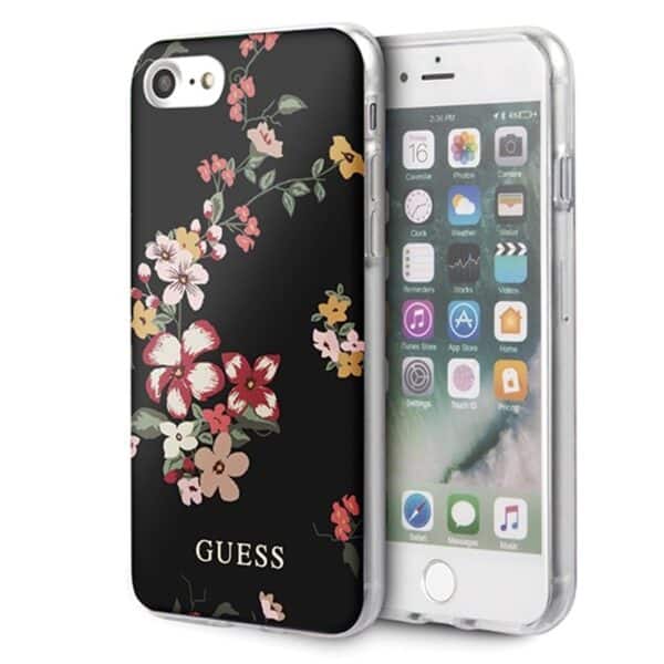 Guess Flower Shiny Collection N4 – dėklas iPhone SE 2020 / 8 / 7 (juodas)