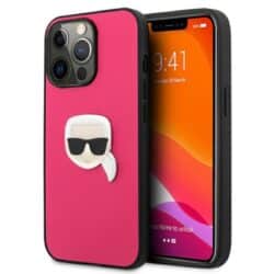 Karl Lagerfeld PU oda, metalinė Karl's Head – dėklas, skirtas iPhone 13 Pro Max (rožinis)