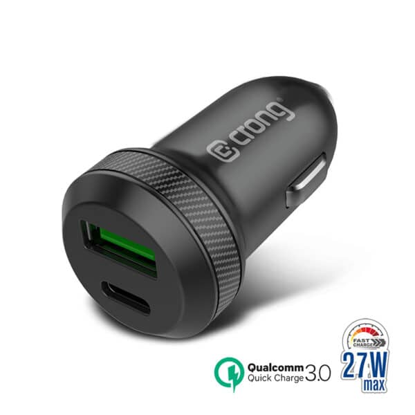 Crong Dual Mini USB-C automobilinis įkroviklis 27 W su maitinimo tiekimu ir USB QC 3.0 prievadu (juodas)