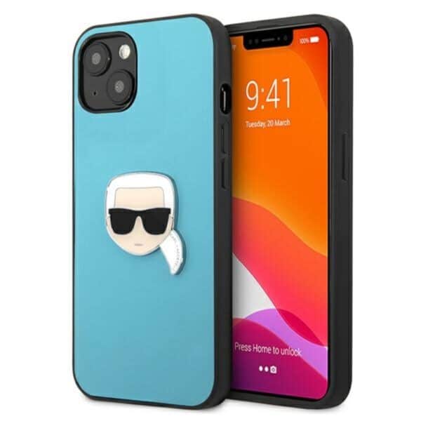 Karl Lagerfeld PU oda, metalinė Karl's Head – dėklas, skirtas iPhone 13 mini (mėlynas)
