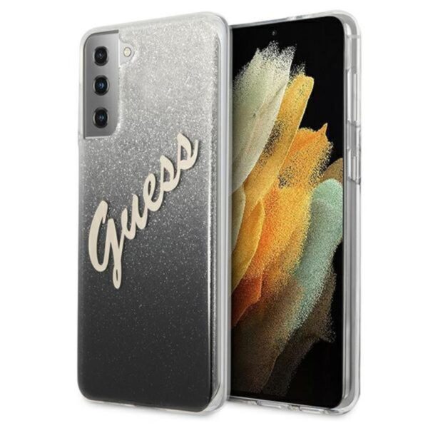 Guess Glitter Gradient Script – dėklas, skirtas Samsung Galaxy S21 (juodas)