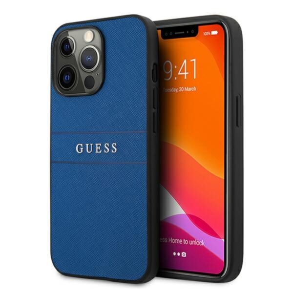 Guess Saffiano metalo logotipo juostelės – dėklas, skirtas iPhone 13 Pro Max (mėlynas)