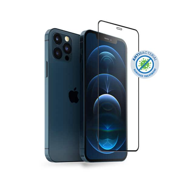 Crong Anti-Bacterial 3D Armor Glass – 9H grūdintas stiklas visam iPhone 12 / iPhone 12 Pro + montavimo rėmelio ekranui