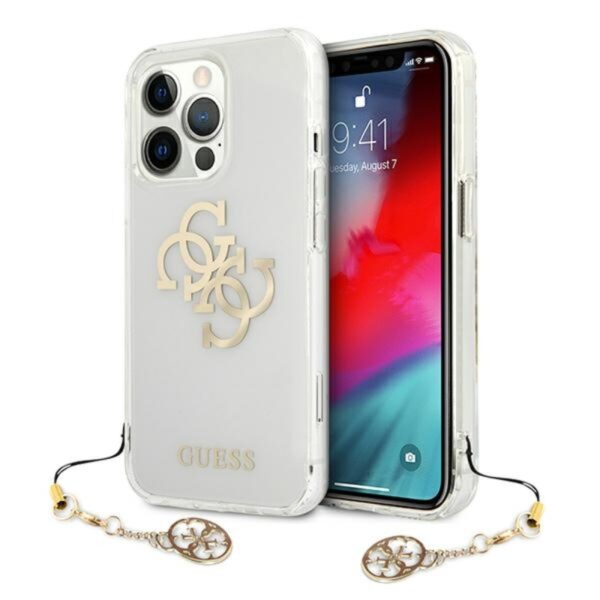 Guess 4G Big Logo Charm Gold dėklas, skirtas iPhone 13 Pro Max (auksiniai pakabukai)