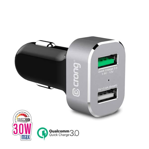 Crong Power automobilinis įkroviklis 30W 2-Port USB su QC 3.0 (aliuminis)