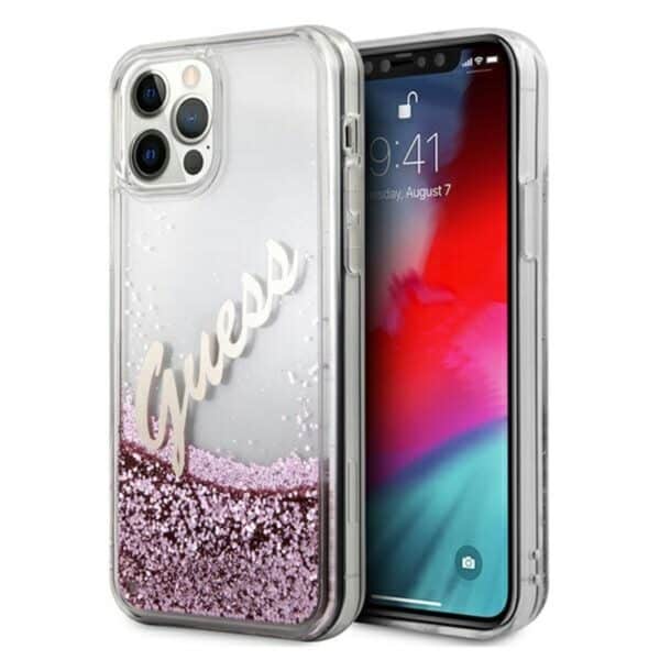 Guess Glitter Vintage Script – dėklas, skirtas iPhone 12 Pro Max (rožinis)