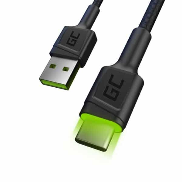 laidas Green Cell Ray USB laidas – USB-C 120cm su žaliu LED foniniu apšvietimu ir greito įkrovimo palaikymu Ultra Charge, QC 3.0