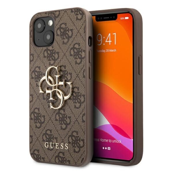 „Guess“ 4G didelis metalinis logotipas – „iPhone 13“ dėklas (rudas)