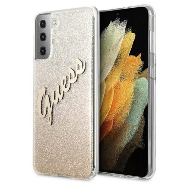 Guess Glitter Gradient Script – dėklas, skirtas Samsung Galaxy S21+ (auksinis)