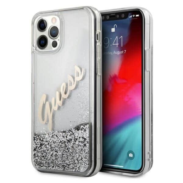 „Guess Glitter Vintage Script“ – „iPhone 12 Pro Max“ dėklas (sidabrinis)
