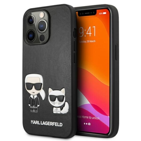 Karl Lagerfeld PU oda „Karl & Choupette“ reljefinis dėklas, skirtas „iPhone 13 Pro Max“ (juodas)