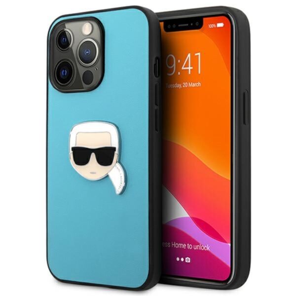 Karl Lagerfeld PU oda, metalinė Karl's Head – dėklas, skirtas iPhone 13 Pro Max (mėlynas)