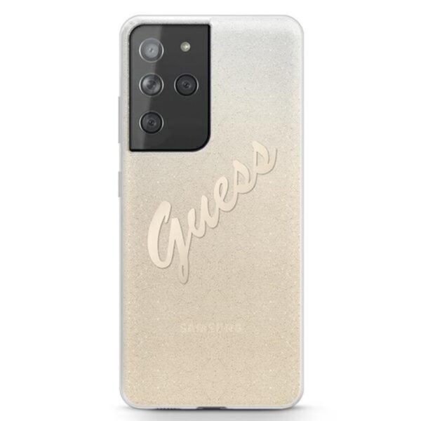 Guess Glitter Gradient Script – dėklas, skirtas Samsung Galaxy S21 Ultra (auksinis)