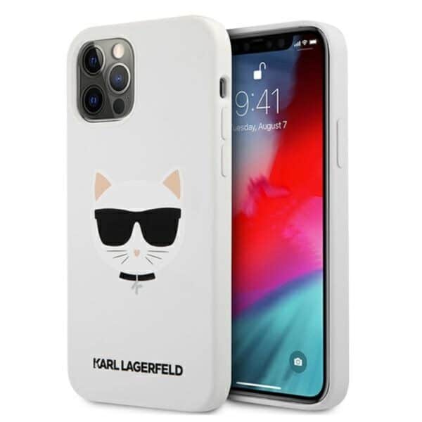 Karl Lagerfeld Choupette galvos silikoninis dėklas, skirtas iPhone 12 Pro Max (baltas)