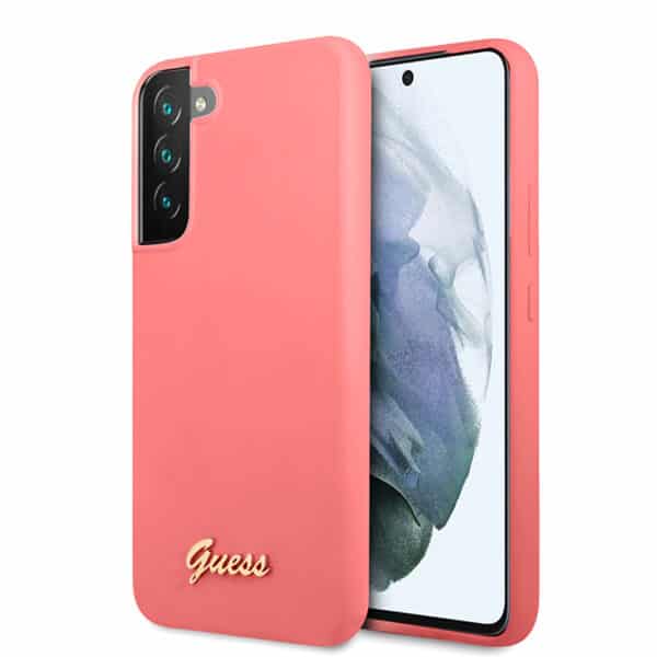 Guess Silicone Script metalinis logotipas – dėklas, skirtas Samsung Galaxy S22+ (fuksija)