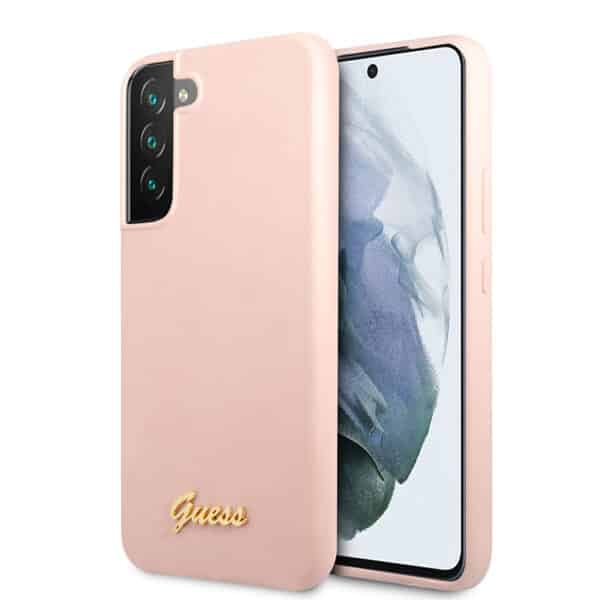 Guess Silicone Script metalinis logotipas – Samsung Galaxy S22+ dėklas (rožinis)